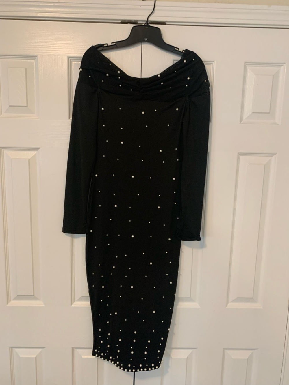 chic Black Long-Sleeve Off-Shoulder Dress with Pearl Accents